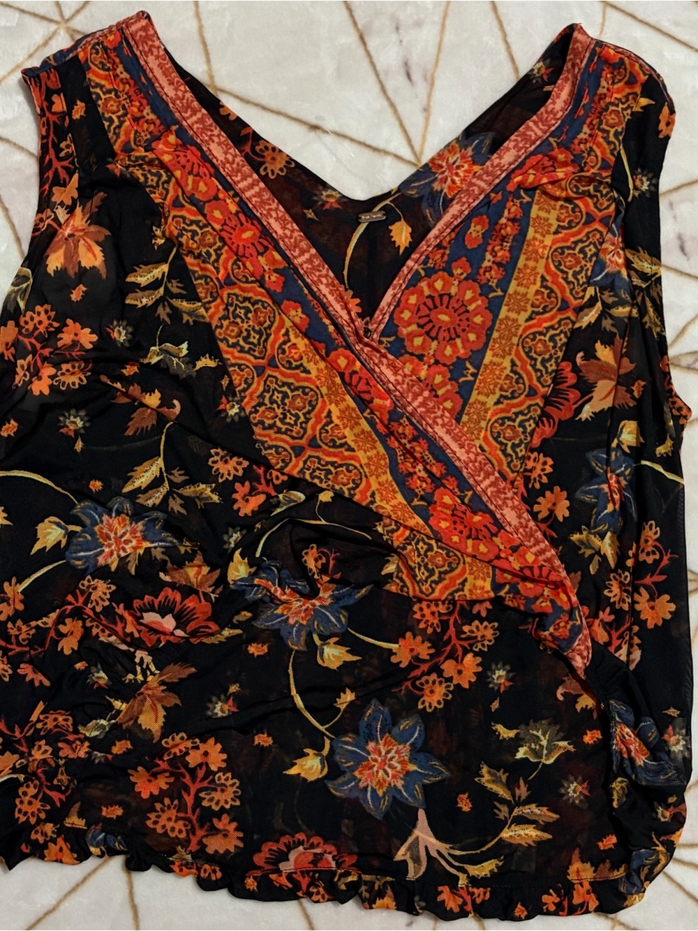 Free People Black Floral Wrap Camisole with Orange and Blue Accents